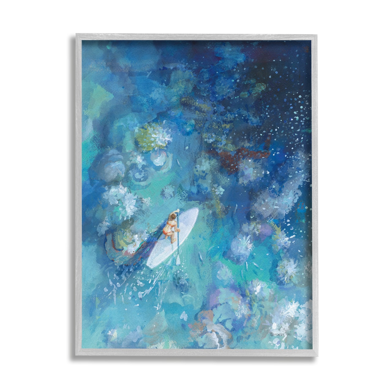 Stupell Industries Paddle Board Ocean Reef Tropical Scene Female Surfer Framed Wall Art